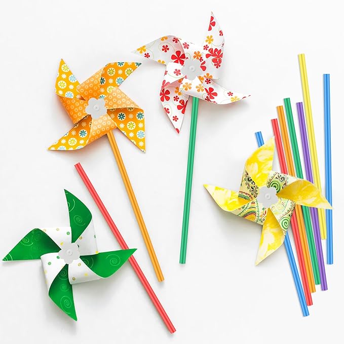 Poen 48 Pcs DIY Pinwheels Paper Craft Bulk Color Your Own White Pinwheels Summer Activity Arts July 4 Patriotic Memorial Day Craft Blank Windmills Party Favor Supplies, 5 Inches