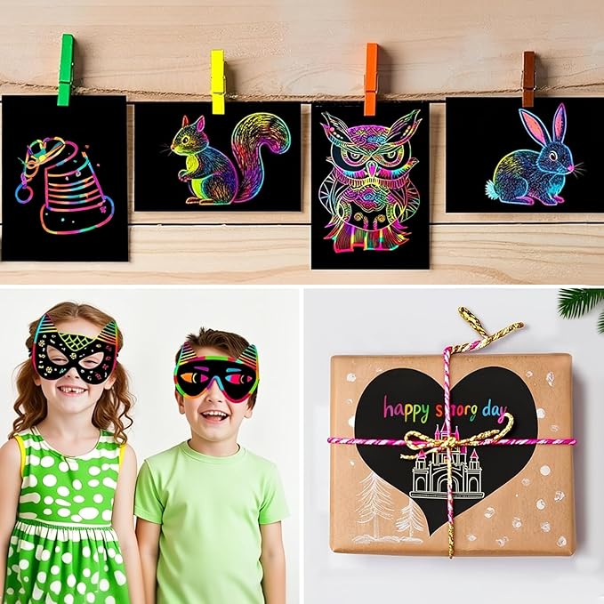 heynsgu 30Pcs Rainbow Scratch Paper Art Notebooks, Black Magic Sketch Book Pads with Stencils for Kids Crafts Artist Drawing Activity Toy Christmas Brithday Gifts Ages 3-12