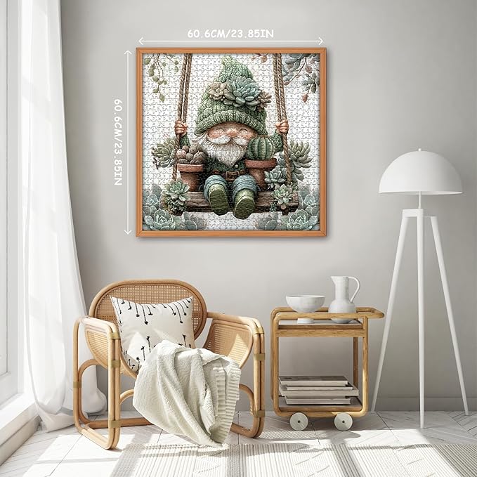 Cute Gnome Puzzles for Adults 1000 Piece, Nature Cactus Succulent Plant Themed, Funny Spring Gnome Jigsaw Puzzles Challenging