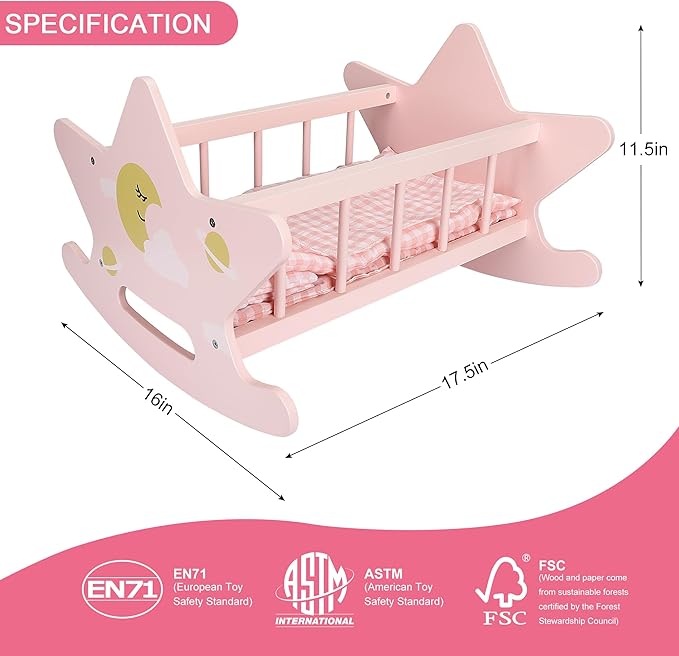 Offelec Wooden Baby Doll Crib Set, Pink Baby Doll Bed Toys, Rocking Baby Doll Cradle Accessories, Play Cradle for Dolls, Doll Furniture Accessories,Gift for Boys Girls Kids, Ages 3+