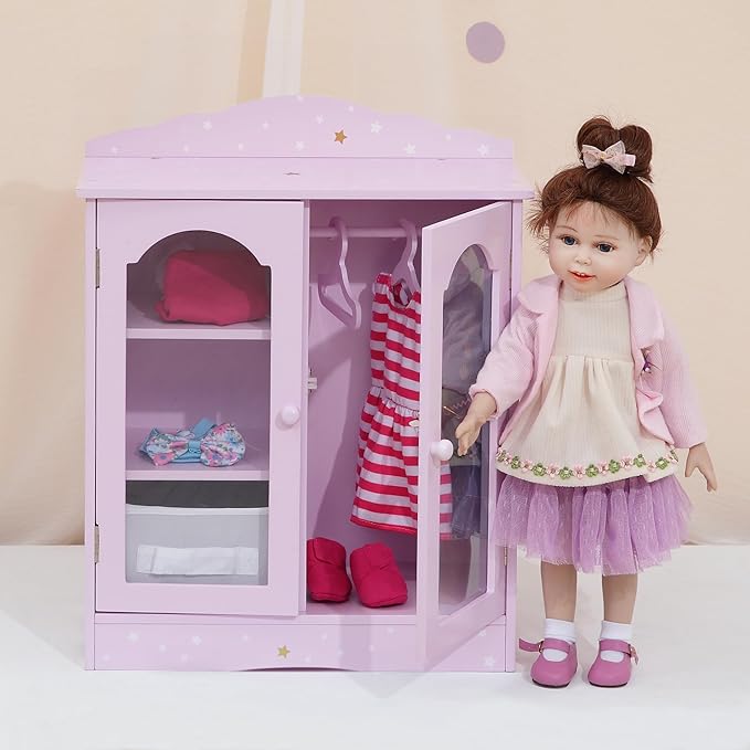 Olivia's Little World Twinkle Stars 18" Doll Closet with 3 Hangers, Shelves, & Canvas Bin, Doll Closet Storage for Accessories & Clothes, Purple