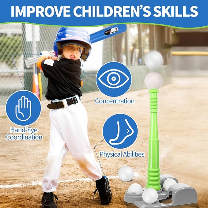 T Ball Set for Kids 3-5 5-8, Toddler Baseball Tee Ball Set for Boys Tball Set with 6 Balls, Batting Tee, Baseball Bat, Pitching Machine, Glove T Ball Stand Stocking Stuffers for Kids