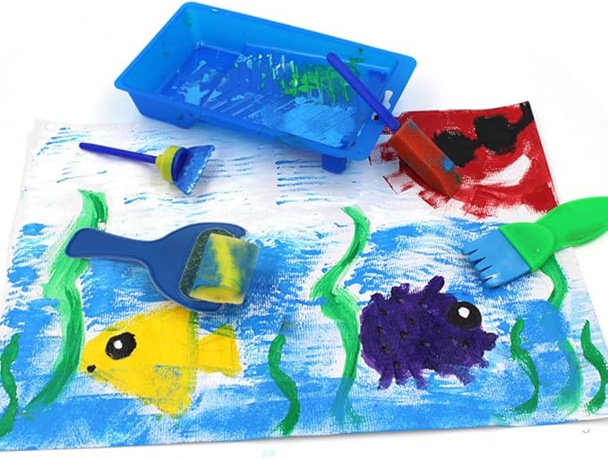 EVNEED Paint Sponges for Kids,29 pcs of Fun Paint Brushes for Toddlers.Coming with Roller,Flower Pattern Brush, Brush Set, Long Sleeve Waterproof Apron with 3 Roomy Pockets