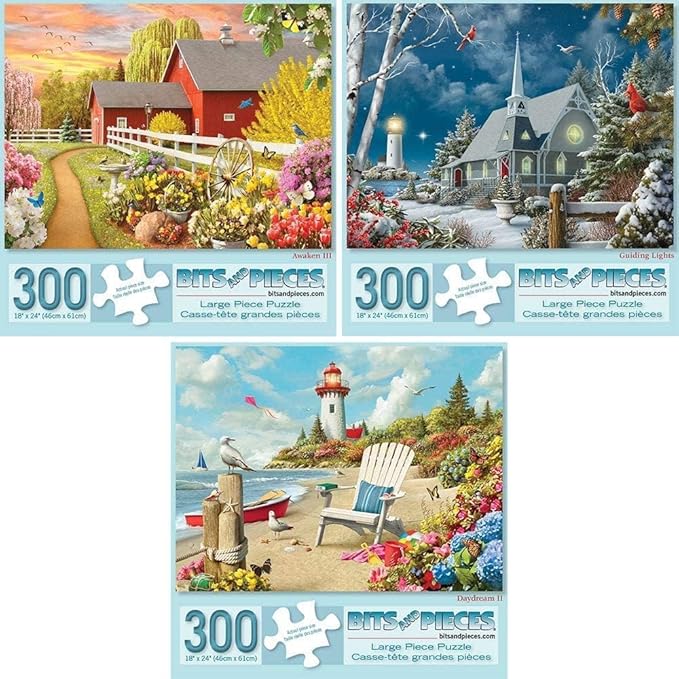 Bits and Pieces Value Set of 3 Large Piece Jigsaw Puzzles for Adults – Awaken, Guiding Lights & Daydream by Alan Giana – 300 or 500 Piece Puzzles, 18” x 24” Each, Premium Random-Cut Fit