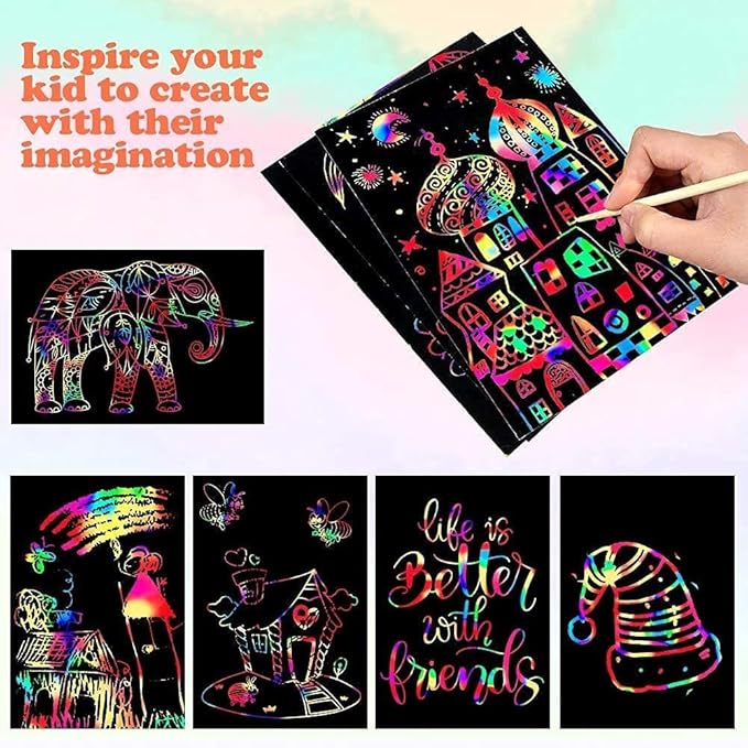 Mocoosy 60 PCS Rainbow Scratch Art Paper for Kids, Magic Scratch Paper Set Art Craft Supplies, Black Scratch Sheets Party Game Activities Birthday Easter Gifts for Girls Boys 3 4 5 6 7 8 9 Years Old