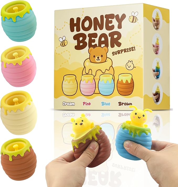 4-Pack Holiday Squeeze Surprise Toys - Kawaii Pop-Up Sensory Poppers for Kids Ages 4-12, Holiday Stocking Fillers & Festive Party Favors.(Bee&Bear)