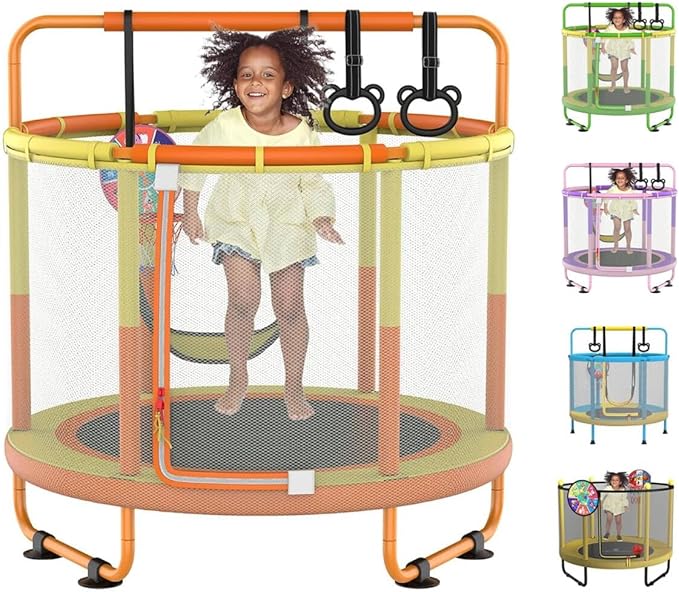 LANGXUN 60" Trampoline for Kids, 5ft Toddler Mini 6-in-1 Trampoline Indoor Outdoor with Swing, Basketball Hoop, Dart Board, Rings, Christmas Toys Birthday Gifts for Girls Boys