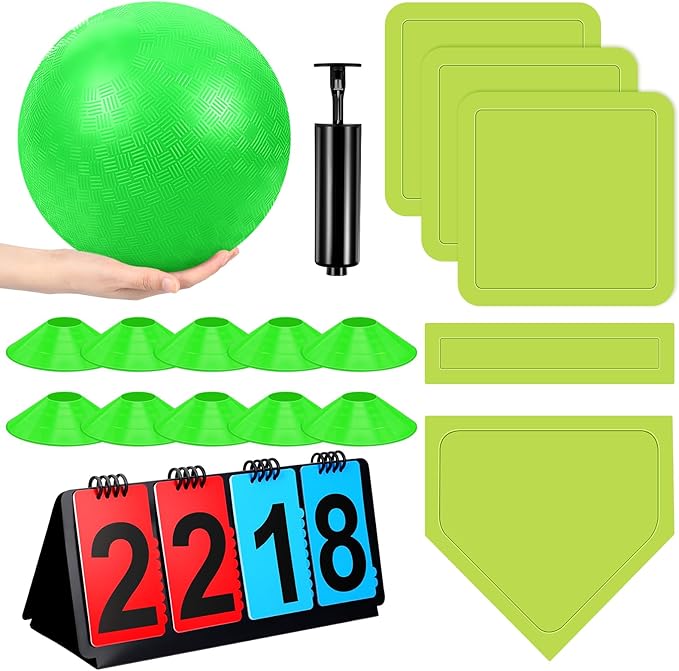 Jenaai 18 Pcs Sports Kickball Set Includes Playground Ball 5 Rubber Throw Down Bases Ball Pump Scoreboard Net Bag 10 Foul Line Cones for Adults Playground Backyard Game(10 Inch,Green)