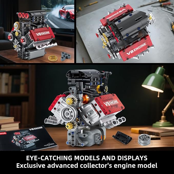 V8 Engine Building Set,V8 Engine Model kit that Run,Build Your Own STEM Mini V8 Model Engine Kit with Battery and Motor,8-Cylinder Car Engine Building Engineering Toys for Kids Adults(478PCS)