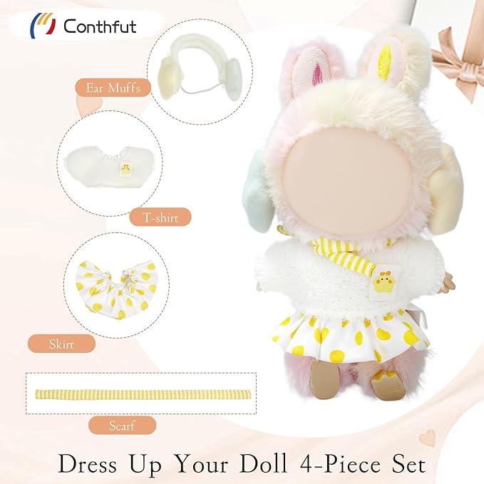 17cm Doll Clothes, Clothes for Dolls Outfit, Accessories for Dolls Clothes, Cute Clothes Set for Doll,No Doll Included (Yellow Top+Dress+Scarf+Earmuffs)