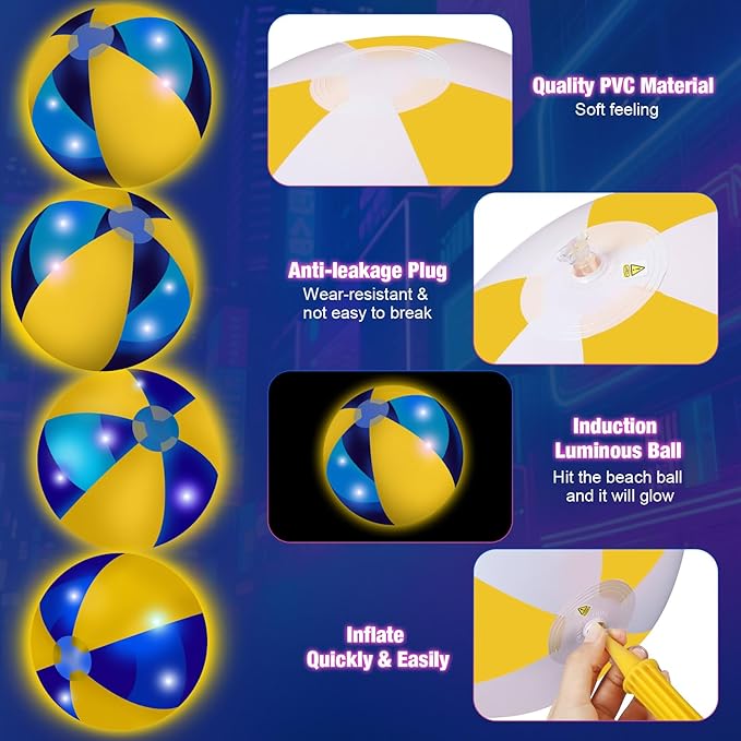 12 Pcs Light up Beach Balls 16'' Jumbo Pool LED Balls Glow in the Dark Neon Giant Inflatable for Summer Hawaiian Tropical Theme Beach Party Decor Water Accessory (Yellow)