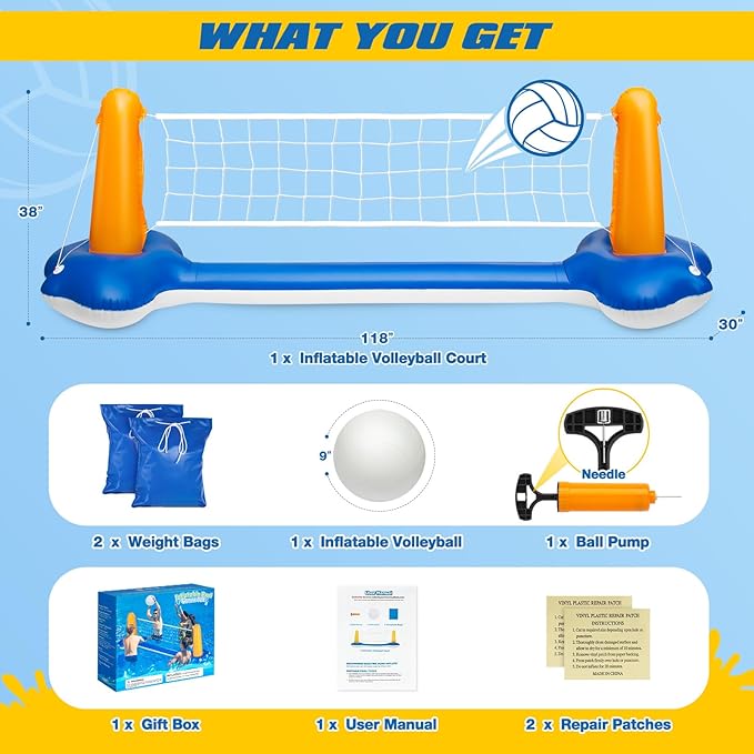 118" Pool Volleyball Set – Inflatable Volleyball Court with 2 Weight Bags, Upgraded PVC Ball & Pump – Fun Pool Games for Adults & Family | Summer Party Gift