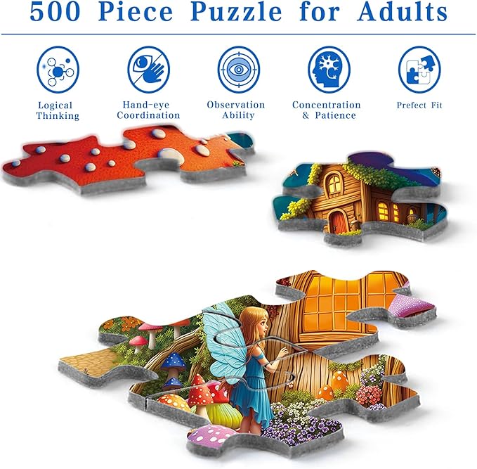 Rocorose 500 Piece Puzzles for Adults, Mushroom House Jigsaw Puzzle Challenging Fairy Mushroom Village Puzzle Holiday Party Educational Game Birthday Festival Gift