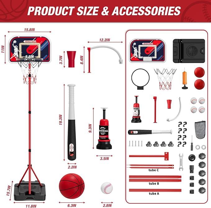 4 in 1 Kids Basketball Hoop and Tball Set for Toddlers 3-5, Adjustable Hanging Tee Ball Stand with Automatic Baseball Pitching Machine, Indoor Outdoor Sport Toys Birthday for Boys
