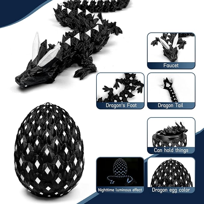 3D Printed Dragon Egg,Dragon Eggs Glow in with Dragon Inside Dark Articulated Animals Fidget Toy,Home Office Decor Executive Desk Toys for Autism/ADHD (Luminous White)