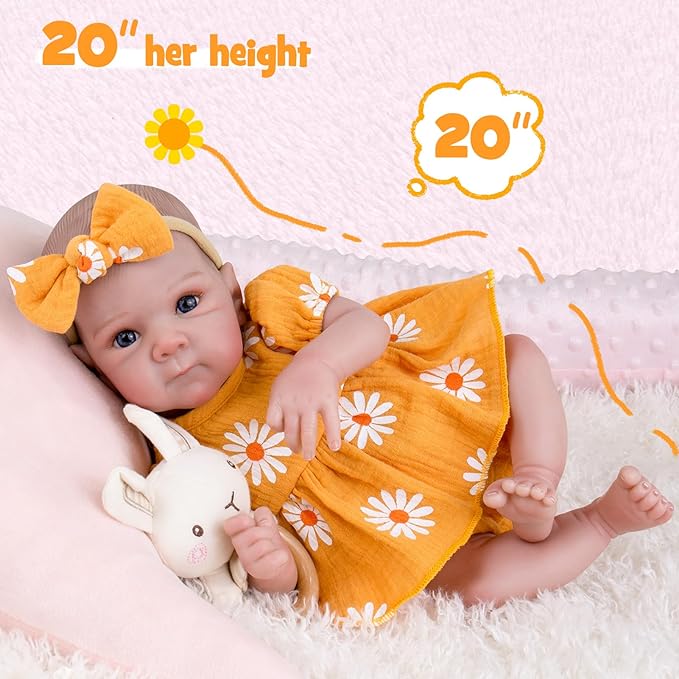Aori Reborn Baby Doll Realistic Girl 20 inches - Soft Cloth Body and Vinyl Limbs, Lifelike Newborn Baby Dolls for Kids Imaginative Play, Emotional Comfort for The Elderly