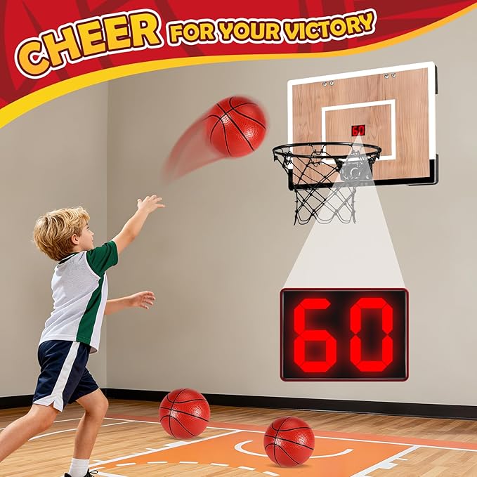 Indoor Basketball Hoop for Kids, Mini Basketball Hoops Over The Door and Wall Mount with Wooden Backboard, 3 Balls and Pump, Idea Toys Gifts for Kids and Adult