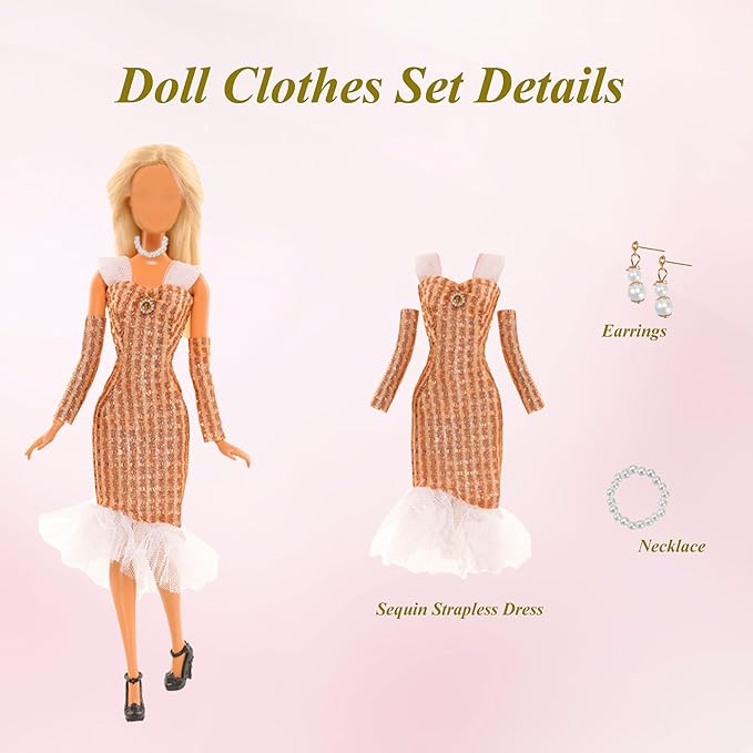Doll Clothes and Accessories for Dolls ,Including 6 Fashion Clothes Set, 1 Pair of Earrings, 1 Necklaces, 1 Suitcases, 1 Glasses, 6 Pairs of Shoes for 11.5 inch Dolls on Christmas