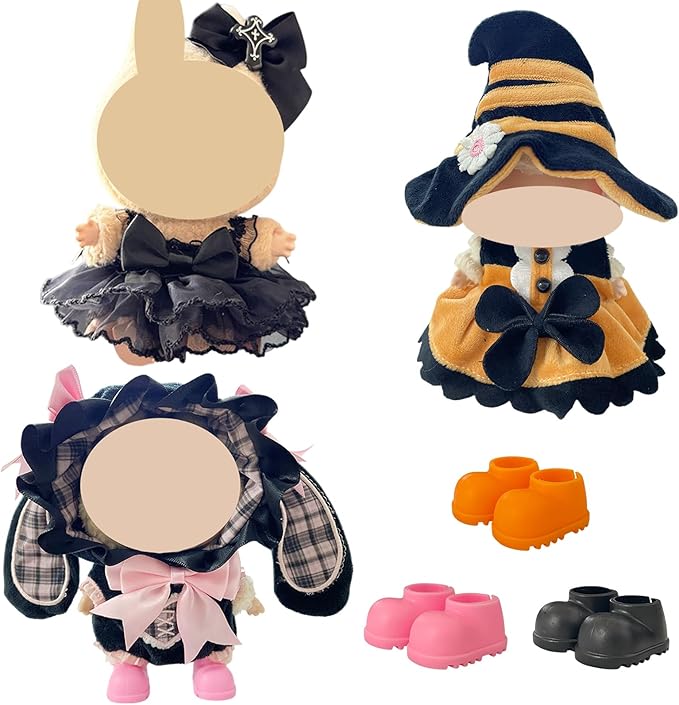 Ezcora 3 Sets Magic Dress-Up Clothes for 17cm Dolls, Bat, Witch, Bunny, Cat & Fantasy Outfits, 6.7-Inch Plush Doll Accessories with Colorful Shoes and Glasses, Kawaii Idea (No Dolls)