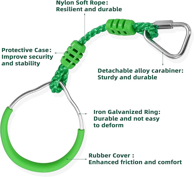 Ninja Jungle Ring Warrior Obstacle Course Trapeze Climbing Fist Swing Playset, 2 Pcs Green Fitness Gymnastic Rings Hanging Monkey Bars Indoor Outdoor Backyard Playground Gym Workout Training Equipment