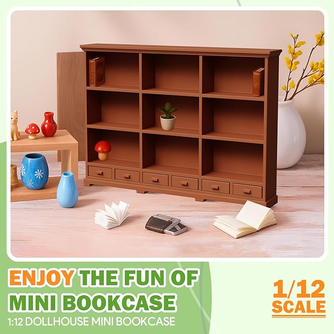 Dollhouse Bookshelf in 1:12 Scale, Part of a Doll House Furniture and Accessories Set with a Realistic Design, This Doll House Bookshelf Makes A Thoughtful Gift for Children and DIY Enthusiasts