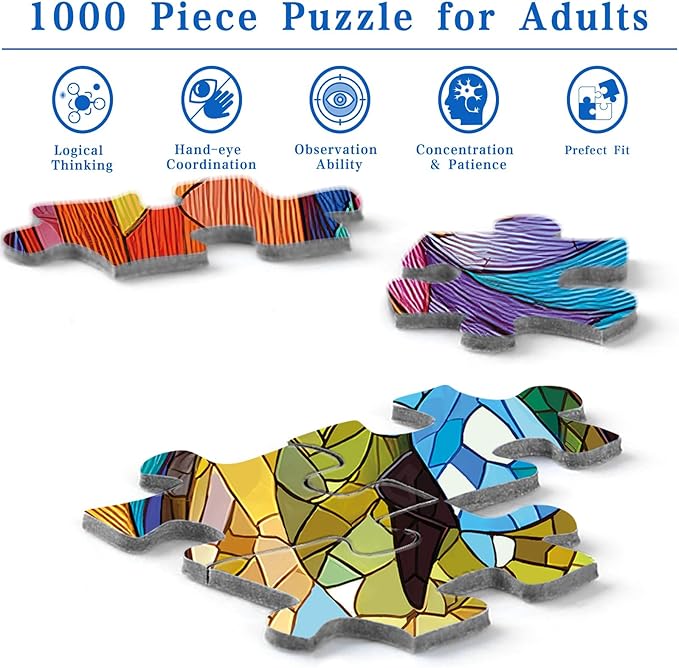 Rocorose Stained Glass Cat Jigsaw Puzzle for Adults, 1000 Pieces Pretty Kitten Art Puzzles Challenging Cute Colorful Animal Puzzle for Game Nights Home Decor