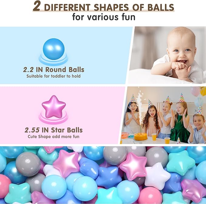 Realhaha Ball Pit Balls 50 100 200 500, Star Shapes for Babies Kids Playpen Plastic Balls for Babies Ball Pool Puppy Playballs