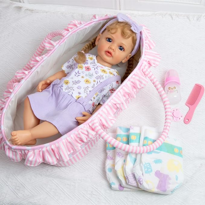 10 Pcs Reborn Baby Doll Clothes with Bassinet for 17-22 Inch Reborn Dolls, Baby Girl Doll Outfits Floral Dress Newborn Baby Doll Accessories Set - Feeding and Caring Set with Bottle Magnetic Pacifier