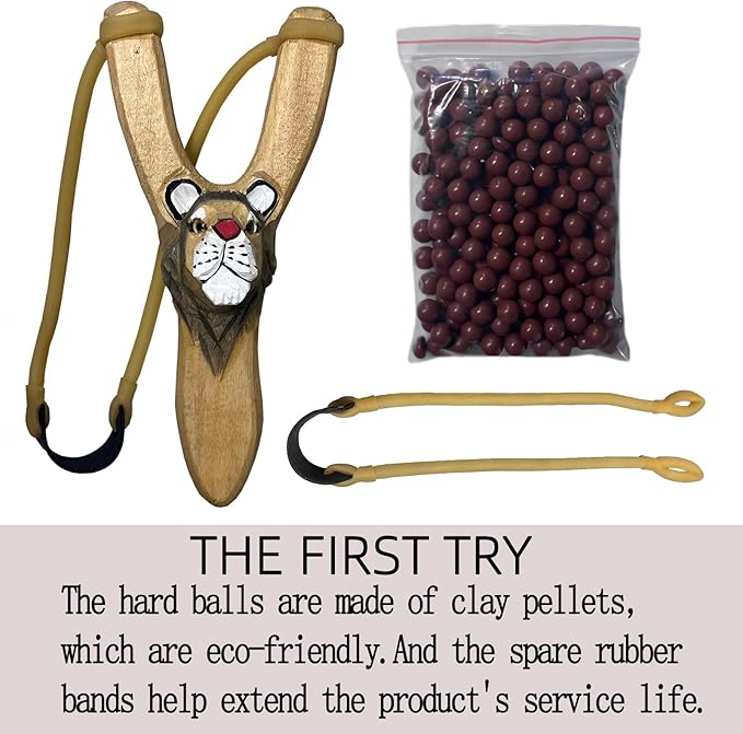 LANJAY Handmade Solid Slingshot with Personalized Carvings, Clay Balls & Pompoms, for Indoor/Outdoor Games, Hunting, Suitable for Adults & Kids