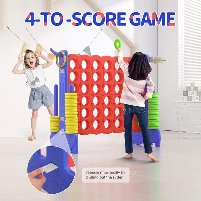 UNICOO Giant 4-in-a-Row Game with Carry Bag, 3-in-1 Jumbo 4-to-Score Outdoor Yard Game with Basketball Hoop, Ring Toss, Quick-Release Slider, 42 Rings, Family Party Game for Kids & Adults