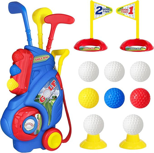 Toddler Golf Set for Boys Girls 1 2 3 4 Years Old, Upgraded Kids Golf Cart with 3 Clubs & 8 Balls, Outdoor Indoor Sports Toys Birthday Gift, Blue