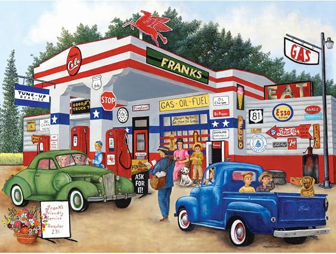 Bits and Pieces – Jigsaw Puzzle for Adults – Frank's Friendly Service - Americana Summer Jigsaw Puzzle by Kay Lamb Shannon, Puzzle Size: 18" x 24" (300 Pieces Frank's Friendly Service)