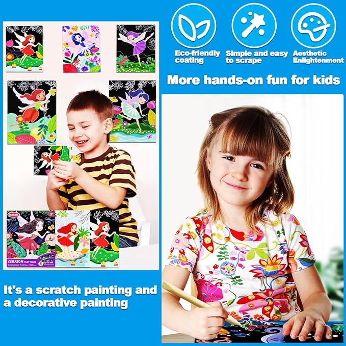 JUNQIU Scratch Art for Kids, Princesses Black Rainbow Scratch Art Paper Set-Arts and Crafts Kits & Supplies, Party Games & Activity, Gifts for Toddlers Girls Birthday Christmas
