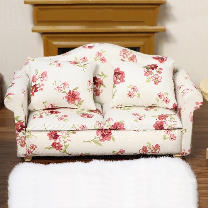 Dollhouse Couch Miniature Sofa with Pillows Dollhouse Living Room Funiture 1:12 Model 3 Pcs High Simulation Upholstered Armchair Mini Room Artificial House Scene Decoration (White Floral)