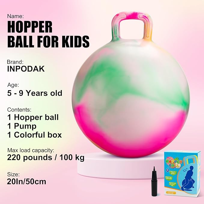 Hopper Ball 20 Inch Bouncy Ball with Handle for Kids, Hippity Hop Jumping Bounce Hopping Toy for Boys Girls Ages 5-9 with Pump and Gift Box Great Gift for Birthday Holiday (Pink)