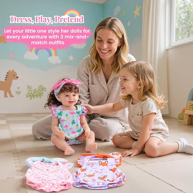 BABESIDE 3 Pcs Reborn Baby Doll Clothes Set for 17-22 Inch Dolls, Cute Animal-Themed Outfits with Matching Headbands & Accessories, Realistic 18 Inch Baby Doll Clothes,Pretend Play Toy for Kids