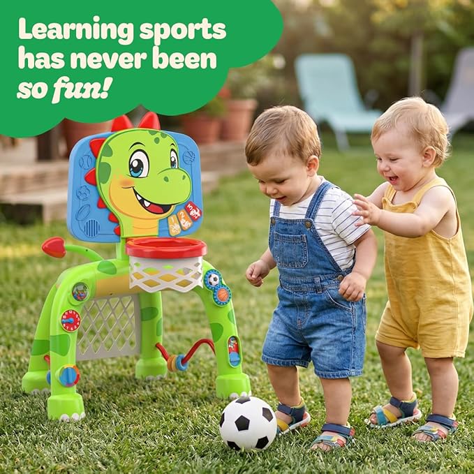 Move2Play, Dinosaur Basketball Hoop & Soccer Goal Activity Center | 30+ Sounds & Songs + 5 Lights | 1 2 3 Year Old for Boys and Girls | Toy & Gift for Baby & Toddlers
