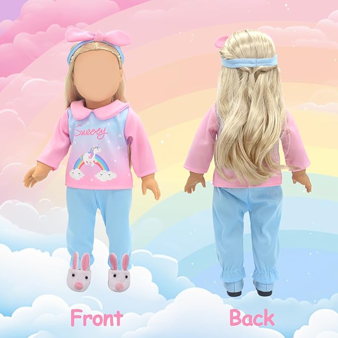 American 18" Doll Clothes and Sleeping Bag Accessories Set, Sleepover Outfit Fits 18 inch Dolls Include Pony Costume, Purple Pillow, Eye mask, Bunny Shoes, Animal Toy Gifts for Girls (No Doll)