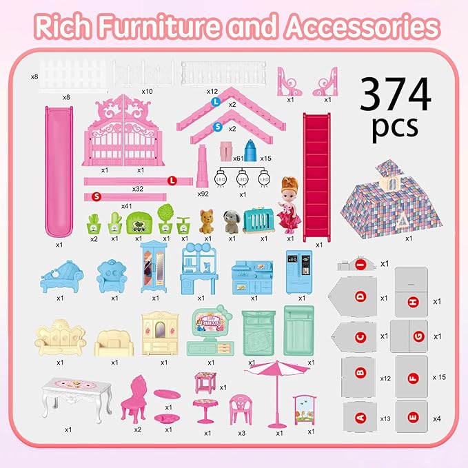 Villa Toys for Girls, 5 Stories 16 Rooms Villa Playset with Dolls, Lights, Furniture, Slide Accessories, DIY Pretend Toddlers House kit for 3 4 5 6 7 8 9 10 Year Old Kids (Pink)