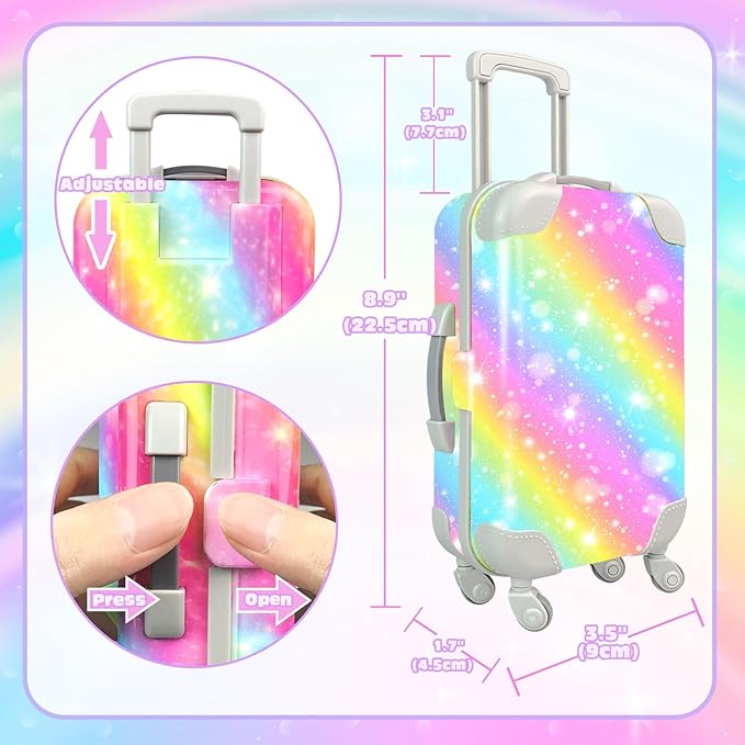 19 Pcs Girl Doll Accessories, 18 Inch Dolls Travel Case Luggage Play Set with Dolls Bag, Clothes, Pillow, Sunglasses, Camera Stuff Fit 18 Inch Doll Gifts for Girls Age 3+ Christmas Birthday