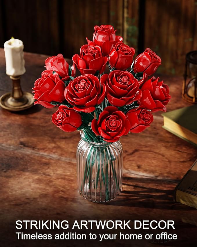 Red Rose Bouquet Building Set, 12 Artificial Roses Flower Building Blocks for Adult Women, Botanical Collection Home Decor Romantic Gift for Mother's Day Valentine's for Adults Girls (512 PCS)