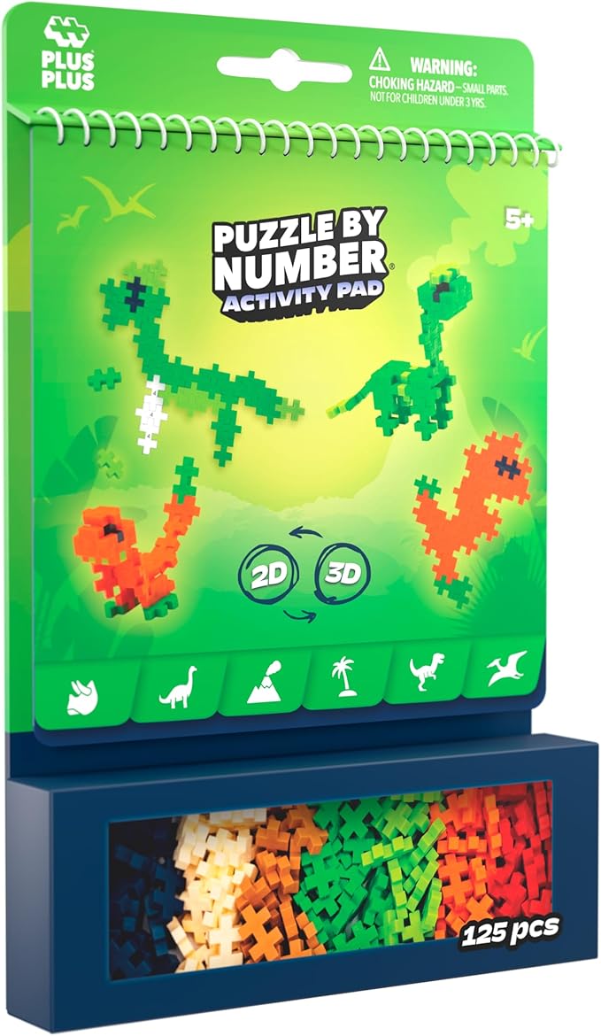 PLUS PLUS Puzzle by Number Activity Pad, Kids Travel Activities, Interlocking Mini Building Blocks, 3D Puzzle Stem Toy for Kids - Dinosaurs