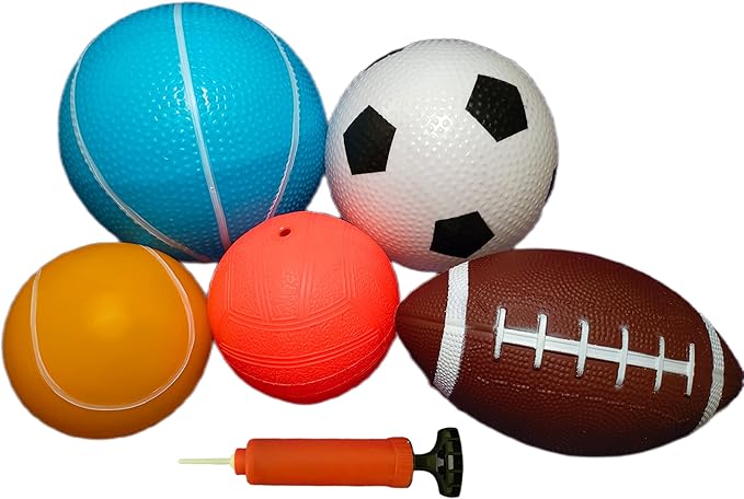 Soft Sports Balls Set for Kids Various Size of Soccer Ball, Basketball, Football,Tennis Ball,Volleyball with Hand Pump