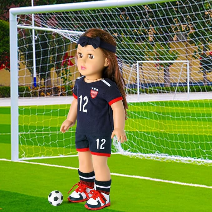 18-inch Girl Doll Clothes Accessories - Team USA 6 Piece Soccer Uniform Clothing Includes Headband,Shirt,Shorts, Socks,Shoes and Football Fits 18" Dolls