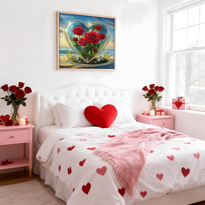 Heart Puzzles for Adults 1000 Pieces, Rose Flower Crystal Beach Romantic Valentine's Day Puzzle, Floral Love Puzzle Ocean Challenge Jigsaw Puzzle