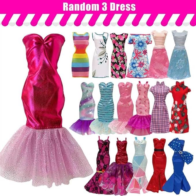 19 Pcs Doll Clothes and Accessories for 11.5 Inch Girl Dolls Outfit, Random 3 Stylish Dresses, 4 Tops, 4 Pants, 3 Evening Dresses, 1 Wedding Dress, 2 Swimsuits, 2 Pairs of Stockings