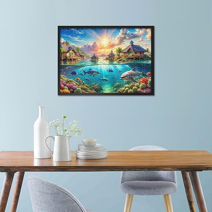 Underwater World Teeming Puzzles for Adults 1000 Pieces, Overwater Bungalows Jigsaw Puzzles, Adult Puzzle for Adults, Educational Fun Games or Toys for Elders Friends 20X27 INCH
