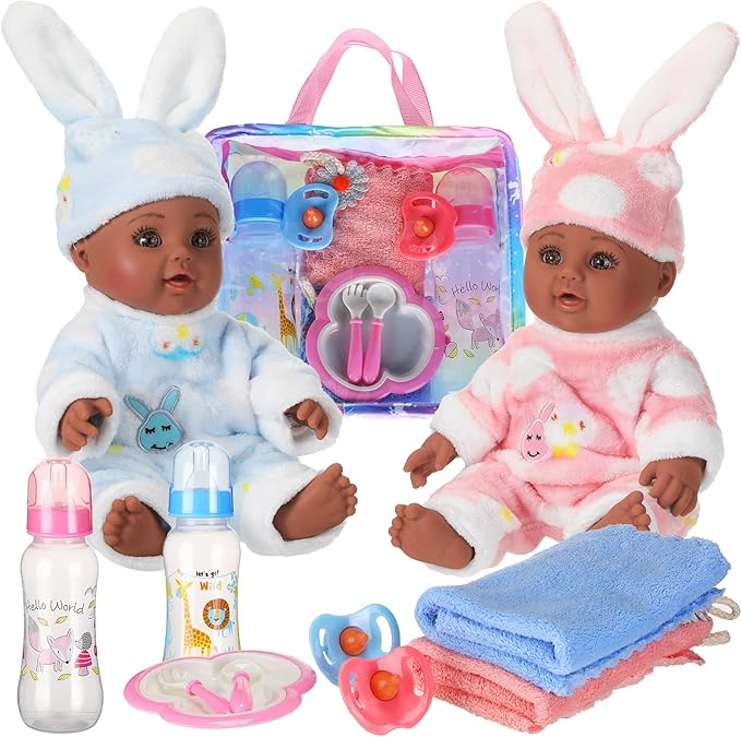 Jerify 10 Pcs Realistic Twin Baby Dolls Toy Set Include 2 Pcs 12 Inch Baby Dolls, Feeding Set, Pacifiers, Doll Diapers, Bags, Milk Bottles Removable Outfit for Toddler Kids 6+ Gift(Black)