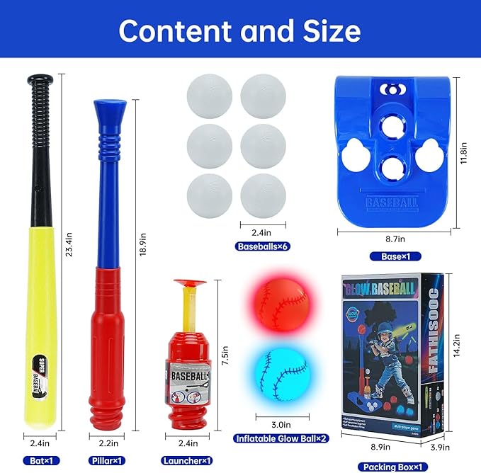 2 in 1 Glow In The Dark T Ball Sets for Kids 3-5 5-8,Light up Tee Ball Set with Automatic Pitching Machine/Adjustable Glow Batting Bat & Stand/6 Balls /2 Glow Balls, Baseball Toys for Toddlers Boys