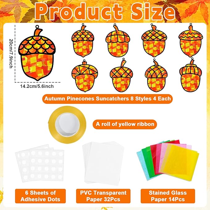 32 Sets Pine Cones Suncatchers Craft Kit DIY Window Stained Glass Effect Fall Autumn Pine Cones Paper Craft Home School Classroom Decoration Kid Birthday Gift Creative Art Project Activity Game